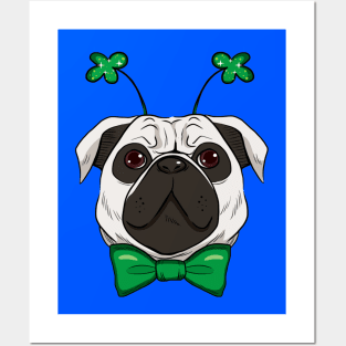 Cute St. Patrick pug dog with green bow tie and fashionable green sparkling clover accessory Posters and Art